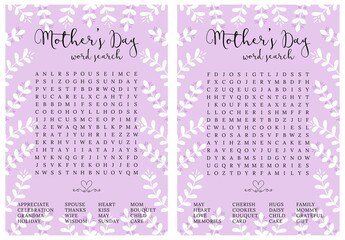 Mother's Day word search puzzle. Logic game for learning English words.  Printable party card. Trivia game.Holiday crossword suitable for social media post. crossword,  activity card. 