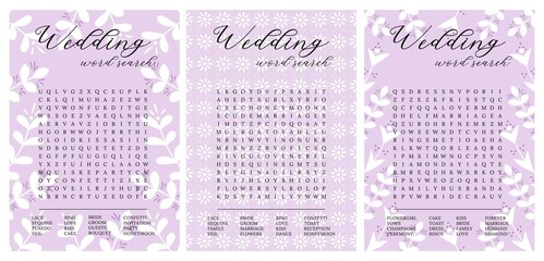 Set wedding word search puzzle on a lilac background.Bridal shower crossword, trivia, activity card. Engagement, bachelorette party printable.  Find hidden words about love and marriage. Provence. 