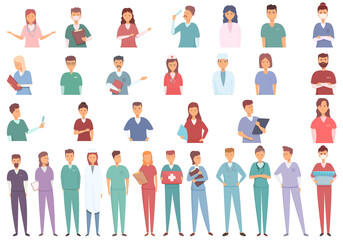 Nursing assistant icons set cartoon vector. Old elder. People care