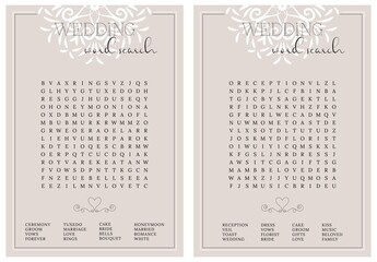 Set wedding word search puzzle. Bridal shower crossword, trivia, activity card. Engagement, bachelorette party printable.  Find 16 hidden words about love and marriage. Vector illustration of lace. 