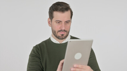 Portrait of Attractive Man using Tablet, White Screen