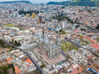 Drone aerial view of Basilica del Voto Nacional in the old town of Quito, Ecuador	