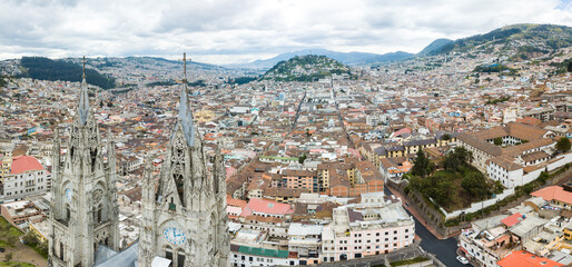 Drone aerial view of Basilica del Voto Nacional in the old town of Quito, Ecuador	
