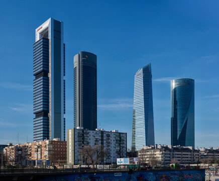 Madrid, Spain - December 21, 2021. Cuatro Torres Business Area. New Four Towers in Madrid´s Skyline. View from Chamartin train station. Madrid. Spain