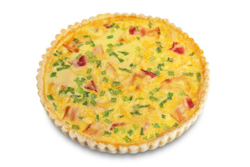 Chicken bacon quiche with scallions on a white isolated background