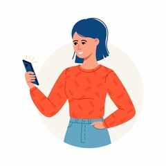 Young woman in red sweater is using smartphone, chatting or talking. Happy girl is looking on the phone. Flat cartoon illustration.