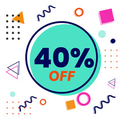 40% off - memphis style discount tag with colorful geometric shapes and white background