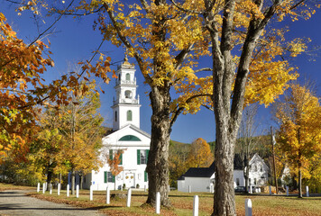 Quintessential New England town. Picturesque village of Wentworth, New Hampshire with tall maple...