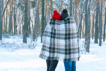 Guy and girl in knitted hats with buboes standing in winter in park are covered with warm blanket....