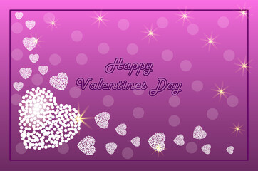 Greeting card with Happy Valentine's Day. Glittering white hearts on a purple background. Beautiful template for design, holiday card, banner, poster.