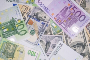 Fototapeta na wymiar american and european currency dollars euro close up background