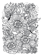 Flowers drawing and sketch with line-art on white backgrounds. Great for anti stress coloring pages. Zentangl style, art print.
