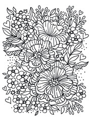 Flowers drawing and sketch with line-art on white backgrounds. Great for anti stress coloring pages. Zentangl style, art print.