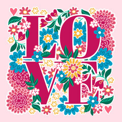 Vector hand drawn floral composition with word LOVE