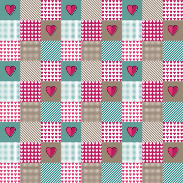 Blue and pink pattern patchwork heart valentine in retro style on white background. Vector seamless tribal pattern. Modern geometric abstract.