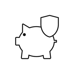 Piggy bank line icon with protection sign.