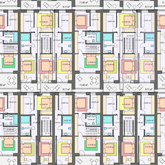Detailed architectural townhouse floor plans, apartments layout, blueprint. Vector seamless pattern