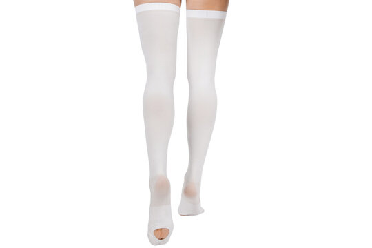 Compression Hosiery for surgery isolated on white. Medical stockings, tights for varicose veins therapy. Embolism deterrent hose or anti-embolism stockings.