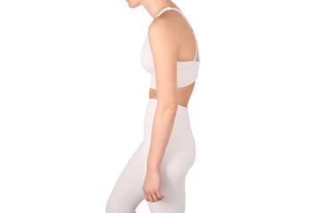 A woman with an impaired posture, scoliosis defect and an ideal bearing. Girl with bad posture on white background. - obrazy, fototapety, plakaty