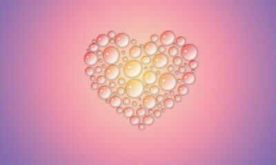 Realistic water drops forming the shape of a heart. Gradient background, yellow, pink, lilac