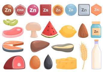 Zinc icons set cartoon vector. Mineral suplement. Vitamin food