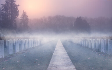 Dramatic misty morning at graveyard with rows of gravestones at war cemetery Schoonselhof