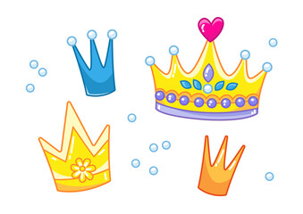 Set of cute cartoon crowns in different colors. Vector illustration of king or princess accessory in cartoon childish style. Isolated cute clipart on white background. Color art with outline.