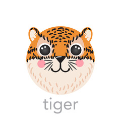 Tiger Cute portrait with name smiley cartoon round shape animal, isolated vector icon illustrations on white background. Flat simple hand drawn for ui, app, kids poster, cards, t-shirts, baby clothes