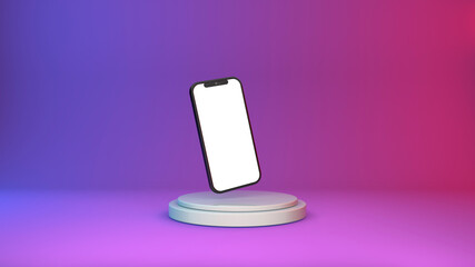 3d smartphone mockup with empty screen on colored neon podium background . Internet applications, social networks and online sales of products concept. 