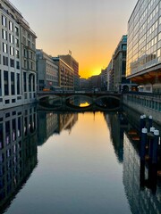 Hamburg city canal at sunset