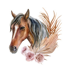 Brown horse with tropical leaves, plants, roses isolated on white background. Watercolor. Illustration. Greeting card design. Clip art. Portrait, face, template © Yuliia