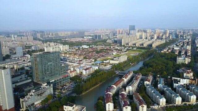 Aerial photography of Zhangjiagang city architecture skyline