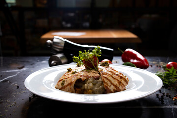Grilled chicken breast with green salad and french fries on a white plate.