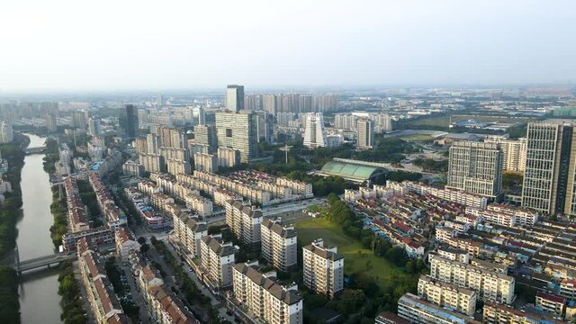 Aerial photography of Zhangjiagang city architecture skyline