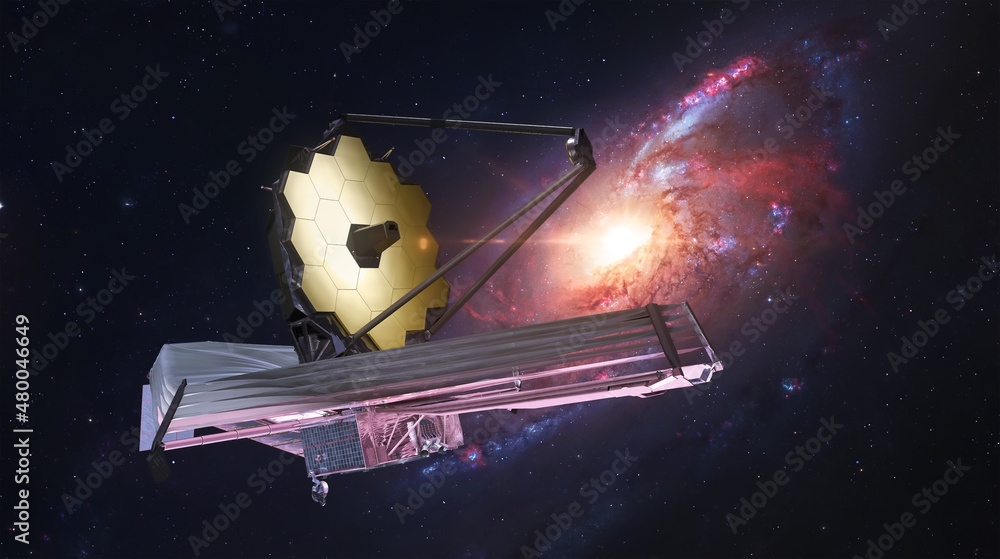 Poster jwst in outer space. james webb telescope far galaxy explore. sci-fi space collage. astronomy scienc