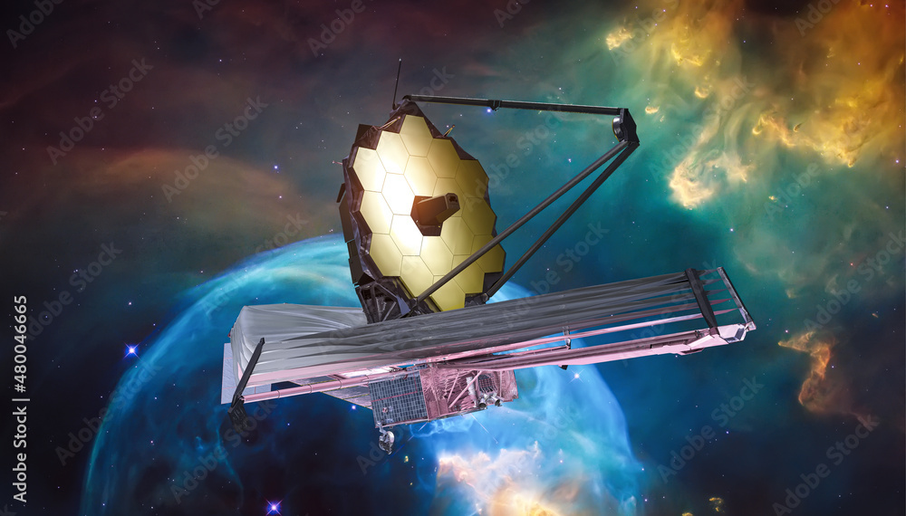 Aufkleber jwst in outer space. james webb telescope far galaxy explore. sci-fi space collage. astronomy scienc