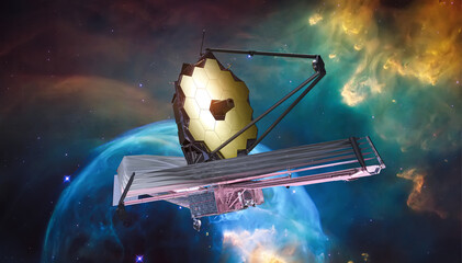 JWST in outer space. James Webb telescope far galaxy explore. Sci-fi space collage. Astronomy science. Elemets of this image furnished by NASA
