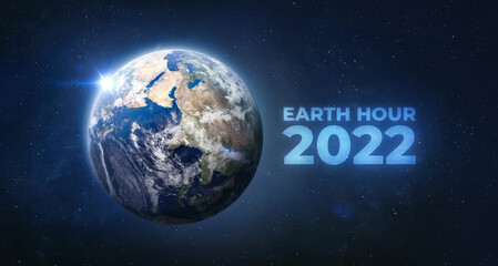 Earth Hour 2022 event. Planet Earth sphere in outer space. Elements of this image furnished by NASA