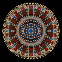 Greek round beautiful mandala pattern. Ornamental colorful background. Tribal ethnic style backdrop. Geometric fractal ornaments. Abstract radial shapes, circles, frames, borders, greek key, meanders