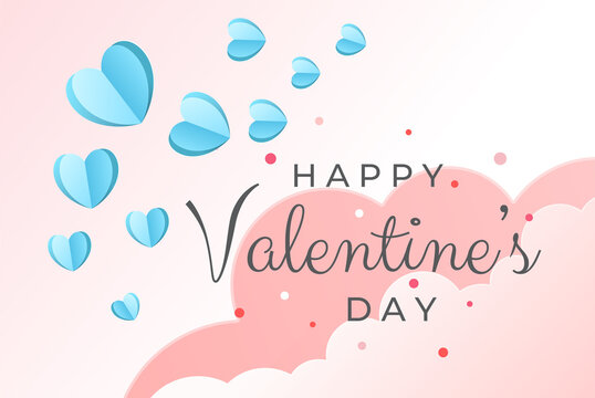 Happy Valentine's day backgound with cute blue paper hearts. Day of love. Cover, banner, background for web
