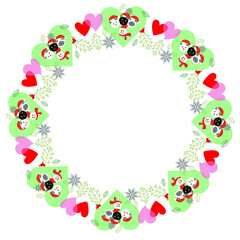 wreath of cats, snowman and holly leaves with white background, vector illustration