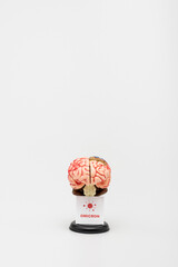 card with omicron lettering and bacteria near brain model on grey background.