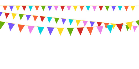 Colorful garland in flags. Decoration element for festive, holiday, carnaval, birthday party. Three garland. Vector illustration