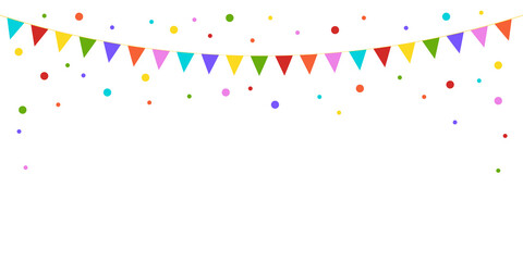 Festive background with color flags garland. Decoration element for celebration, carnaval, birthday party. Vector illustration