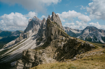Scenic landscape view of Secede mountain range in South Tyrol, Bolzano, Italy. Popular travel...