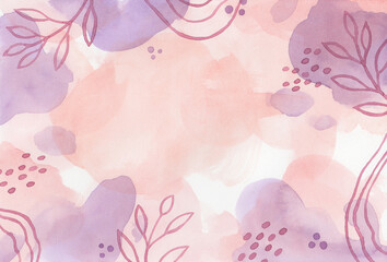 floral watercolor background, flower leaves and plants on purple pink border design, spring illustration
