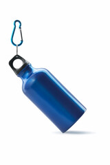 Side view of hanged blue metal water bottle isolated on white background