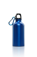 Front view of blue metal water bottle isolated on white background with copy space