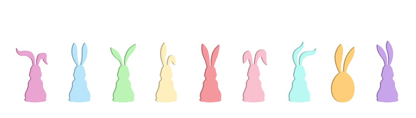 Vector colorful eight bunnies is sitting with his back and one Easter egg between them. Horizontal banner with Easter hunt concept. 
