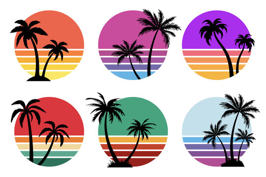 Retrowave sunset with palm trees vector collection. Isolated on white